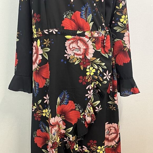 Boohoo Wrap Dress Plus size 16 Black Red Floral Ruffles Modest Wedding Church - Picture 5 of 13